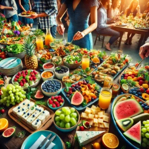 Uma mesa repleta de pratos variados, com cores vibrantes e diferentes texturas, incluindo frutas frescas, queijos, petiscos e pratos quentes. Pessoas se servem e conversam animadamente ao redor do buffet.