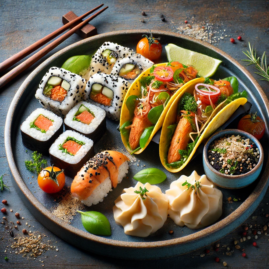 Um prato gourmet criativo combinando elementos de diferentes culinárias, como sushi ao lado de tacos e um toque de ervas mediterrâneas. A apresentação elegante destaca as cores e texturas contrastantes