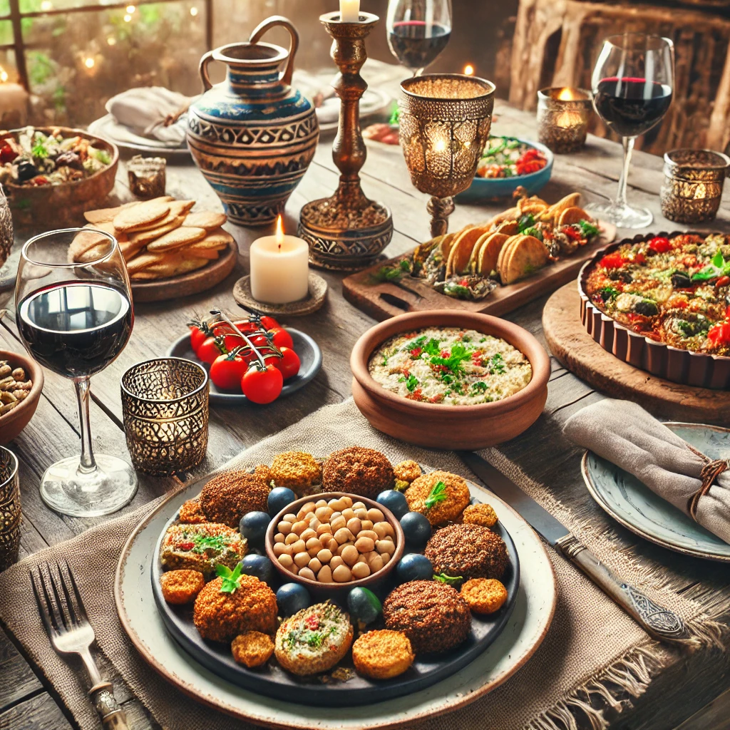 Uma mesa posta com pratos e bebidas alinhados ao tema de uma festa mediterrânea. Há tapenade, falafel, moussaka e taças de vinho, com uma decoração rústica e acolhedora