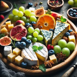 Um prato lindamente montado apresentando combinações de ingredientes locais. Queijos artesanais são harmonizados com frutas frescas da região, criando uma combinação visualmente atraente e saborosa