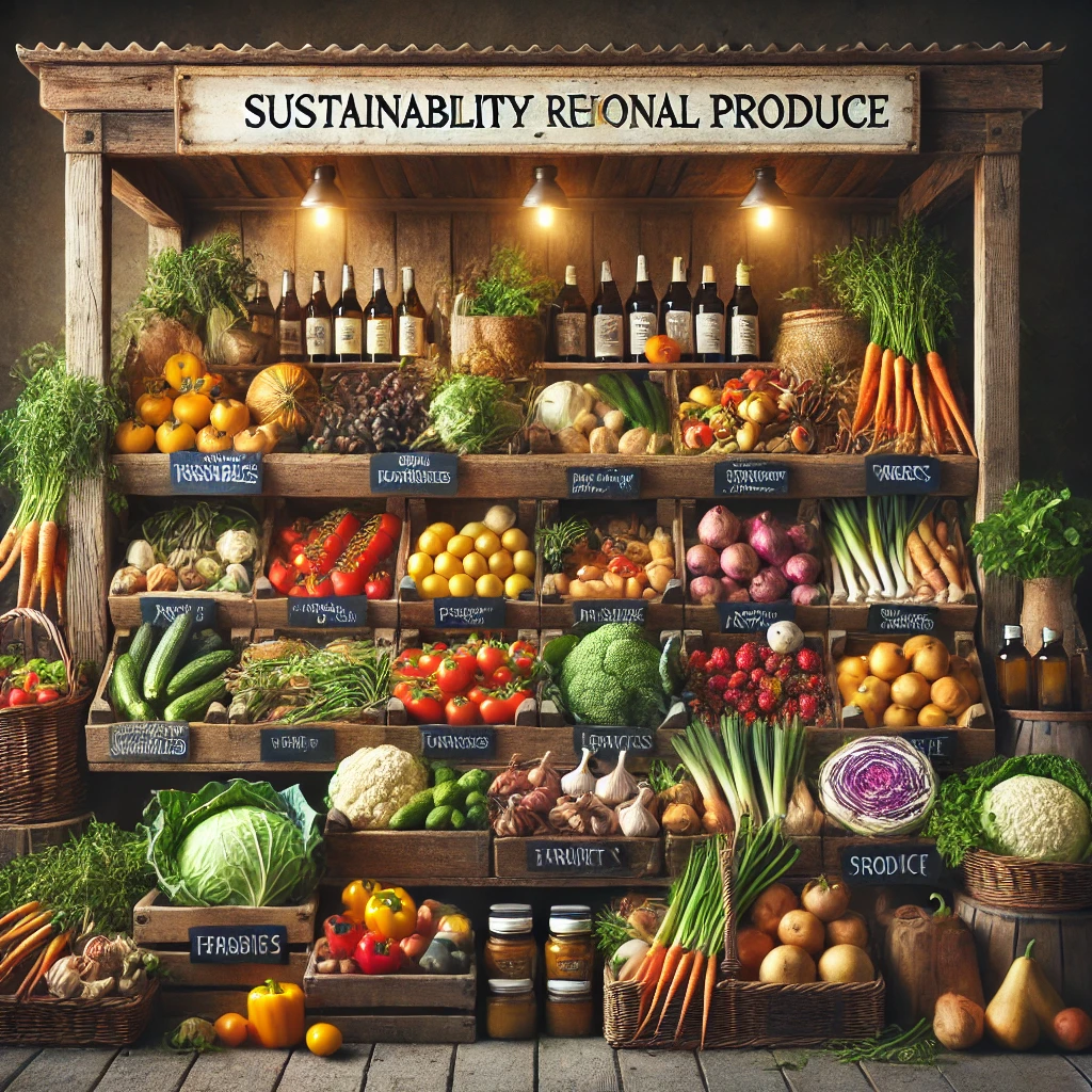 Uma banca de mercado rústica repleta de ingredientes frescos e locais. Há uma variedade de vegetais coloridos, frutas e produtos artesanais, destacando a sustentabilidade e a produção regional