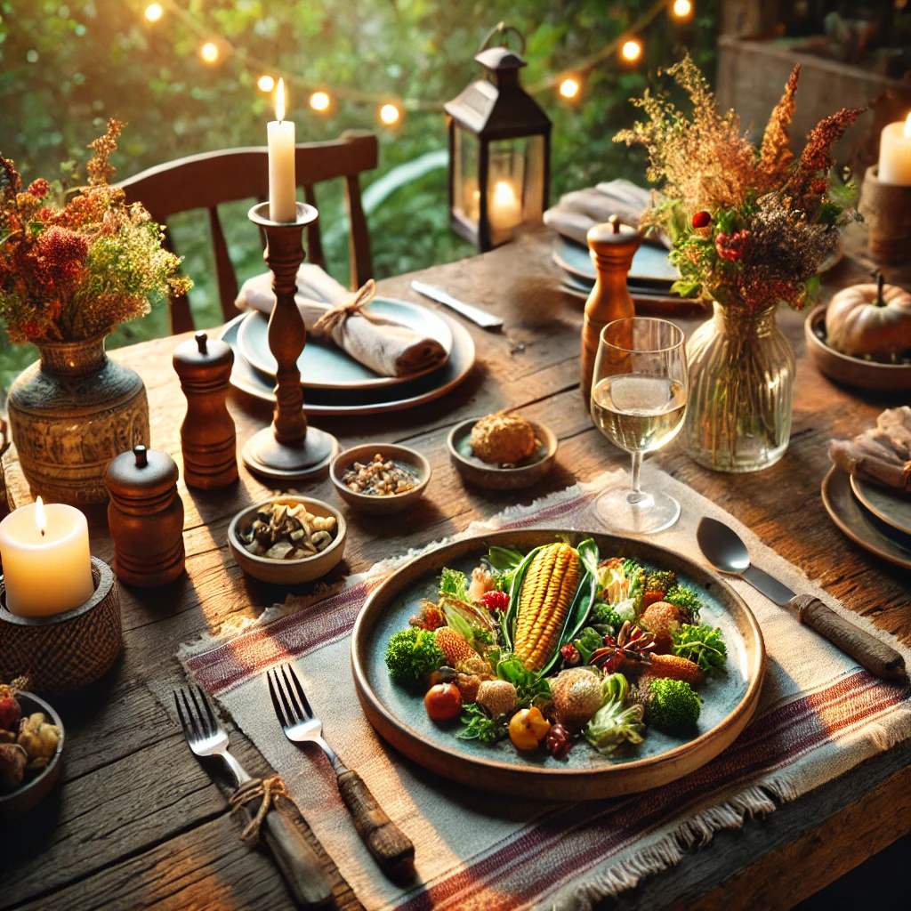 Uma mesa de jantar no estilo farm-to-table, com um prato cuidadosamente preparado usando ingredientes sazonais e locais. O ambiente inclui louças rústicas, iluminação aconchegante e um toque natural