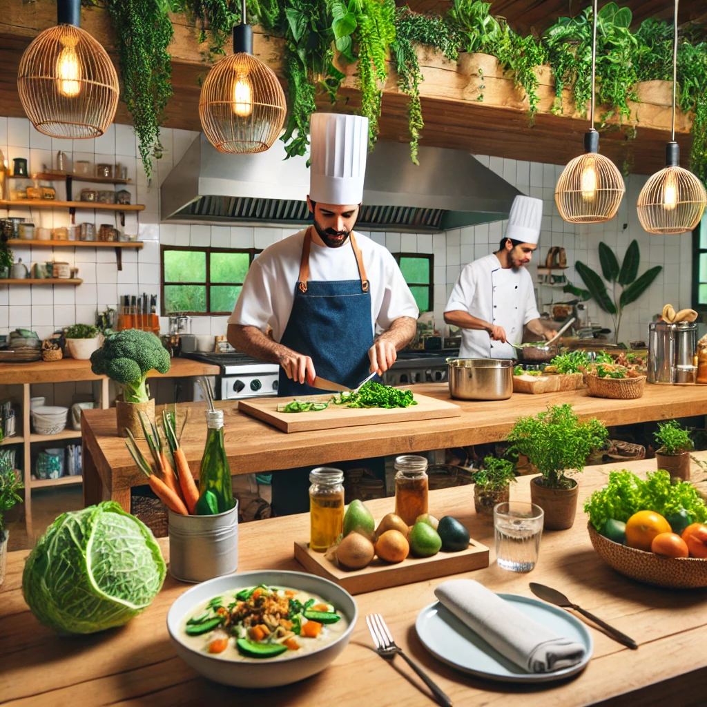 Uma cozinha moderna sustentável com ingredientes orgânicos frescos, chefs preparando pratos com alimentos de origem local