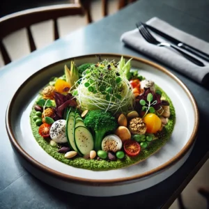 Um prato sofisticado e sustentável servido em um restaurante moderno, feito com ingredientes orgânicos e locais.