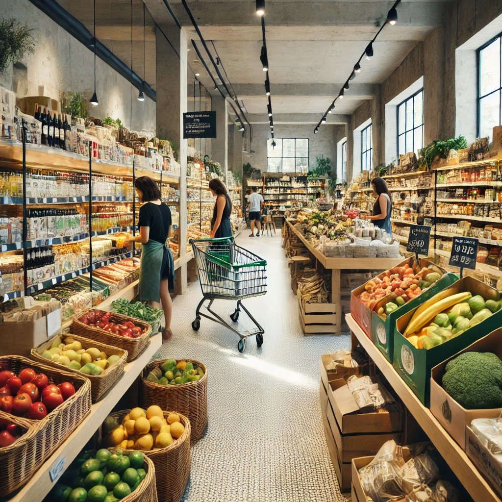 Um mercado de alimentos sustentáveis com produtos orgânicos e locais, embalagens biodegradáveis e clientes escolhendo ingredientes